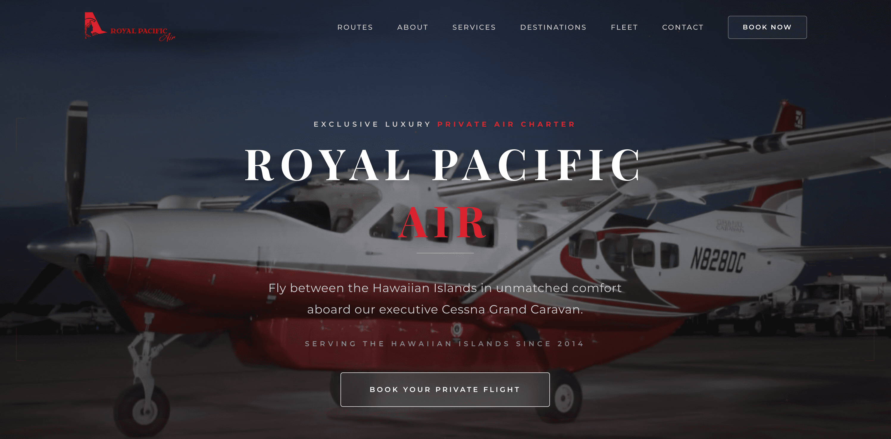 Royal Pacific Air homepage with cinematic scroll and island map
