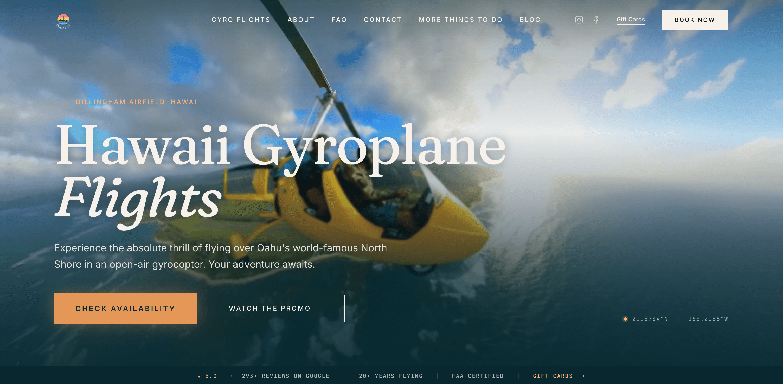 Skyland Air homepage with aerial hero and booking integration
